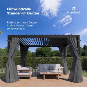 Blumfeldt LuminaHaven Pergola, 3x4 m, schwarz, mit Vorhängen und Moskitonetzen im Garten.