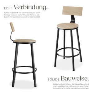 Tectake Set Barhocker Poole Mit Rückenlehne Industrial Style  46 50 x 46 50 x 104 cm Industrial Holz Hell  Eiche Sonoma