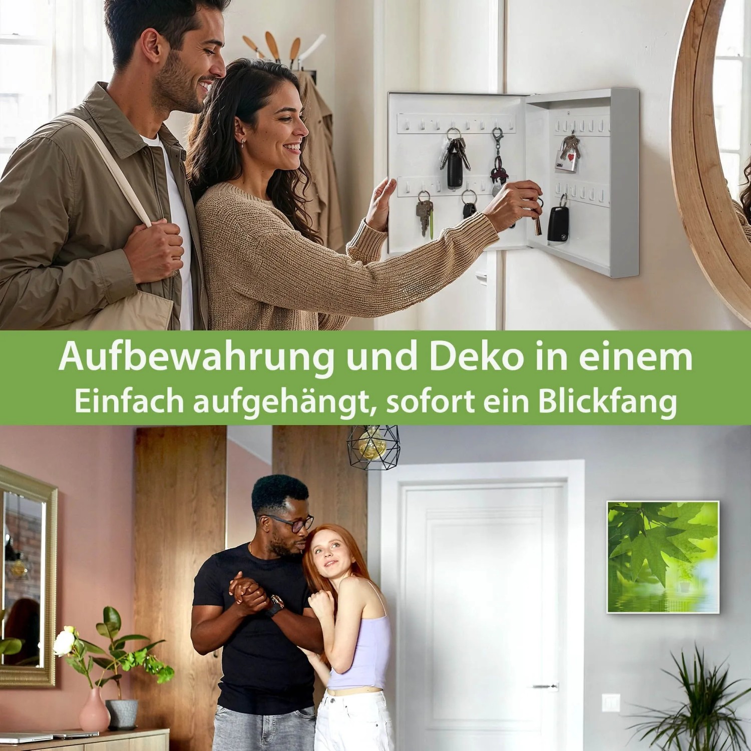 Banjado Großer Schlüsselkasten Metall 30x30cm Weiß Scharnier Links 50 Haken Beschreibbar Magnetisch Motiv Blättertraum