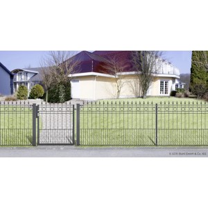 Anthrazitfarbenes Metall Gartentor-Set Rimini zum Einbetonieren, 110x102cm, mit Zaunelementen vor einem Haus.