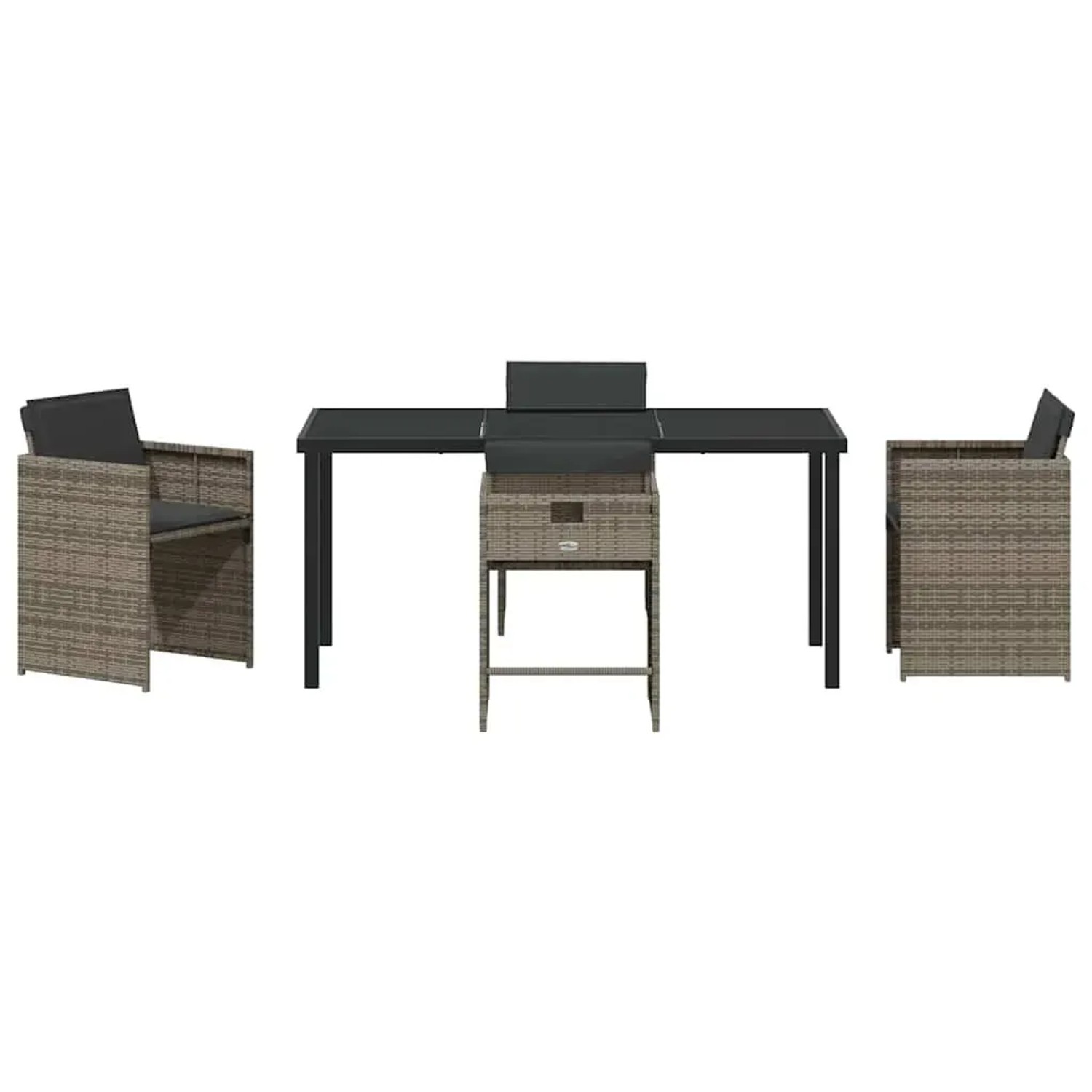 5-teiliges Garten-Ess-Set aus grauem Poly Rattan mit Tisch und Stühlen inklusive Kissen.