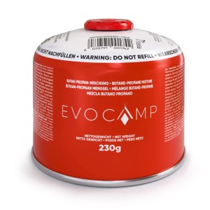 Rote Evocamp Gaskartusche Butan Propan 230g mit Schraubventil für Camping und Outdoor-Kocher.