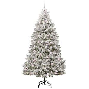 Künstlicher, weiß-grüner Weihnachtsbaum (210 cm) mit Kugeln und LED-Lichtern für festliche Stimmung.