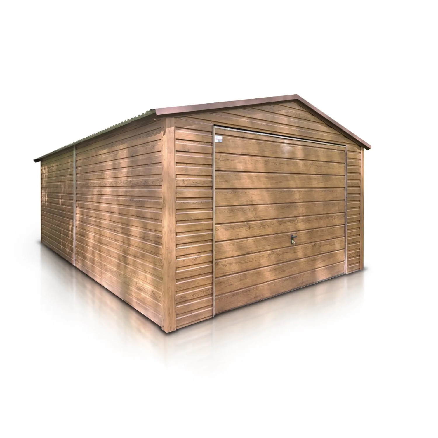 Liderstal Einzelgarage Premium aus Blech 400 x 600 cm Satteldach Seitengiebel Schwingtor Holzoptik Goldene Eiche