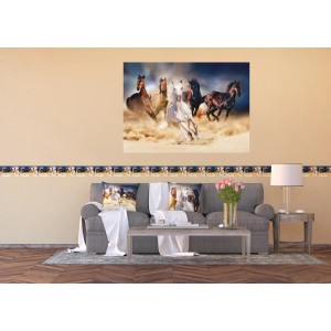 Sanders & Sanders Pferde Poster (160x110 cm) in Braun, Beige und Blau als Dekoration im Wohnzimmer.