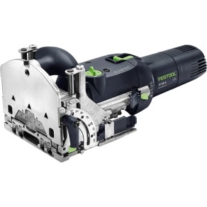 Festool Domino-Dübelfräse DF 500 Q für präzise Holzverbindungen. Schwarzes Handwerkzeug mit silbernen und grünen Details.