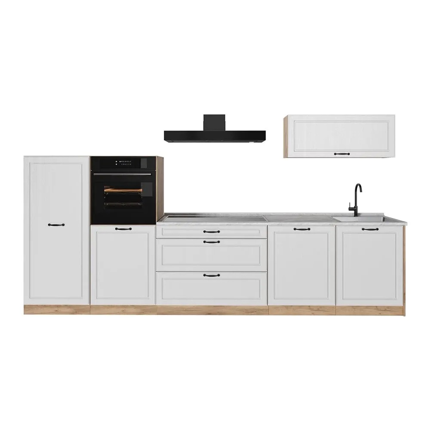 Vicco Küchenzeile R-Line Weiß Landhaus/Goldkraft Eiche 340 x 143 Arbeitsplatte Marmor Art Nr 68024