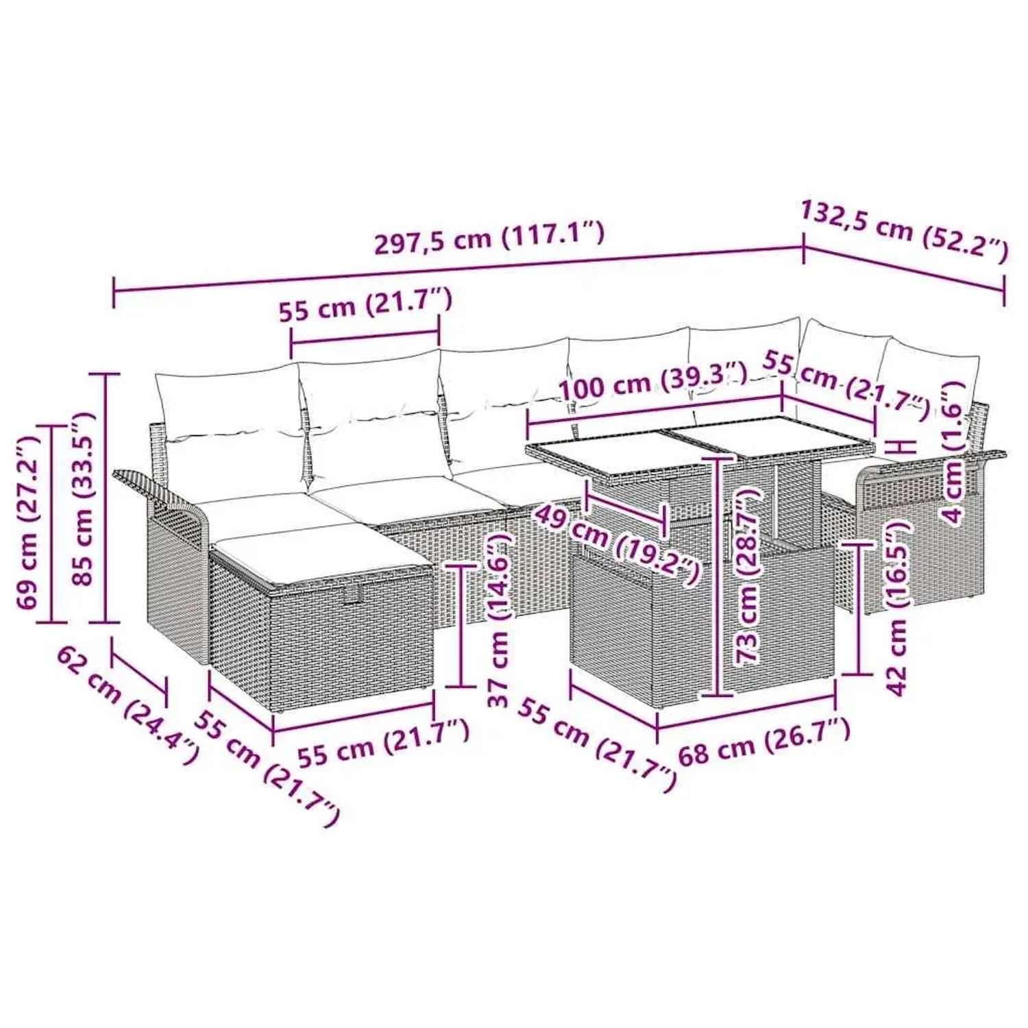 vidaXL Gartenmöbel-Set, 8-teilig, schwarz, Poly Rattan, mit Tisch und Kissen, Maße siehe Bild.