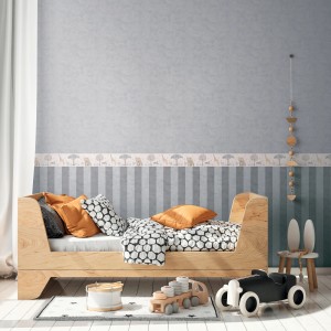 Kinderzimmer mit A.S. Creation Vlies-Bordüre Tiere in Beige, Grau und Blau. FSC®-zertifiziert.