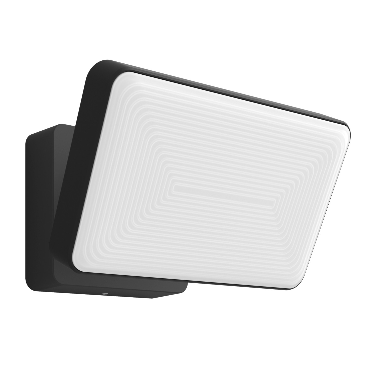 Moderne, schwarze Philips Hue Discover LED-Wandleuchte für den Außenbereich mit weißem Leuchtfeld.