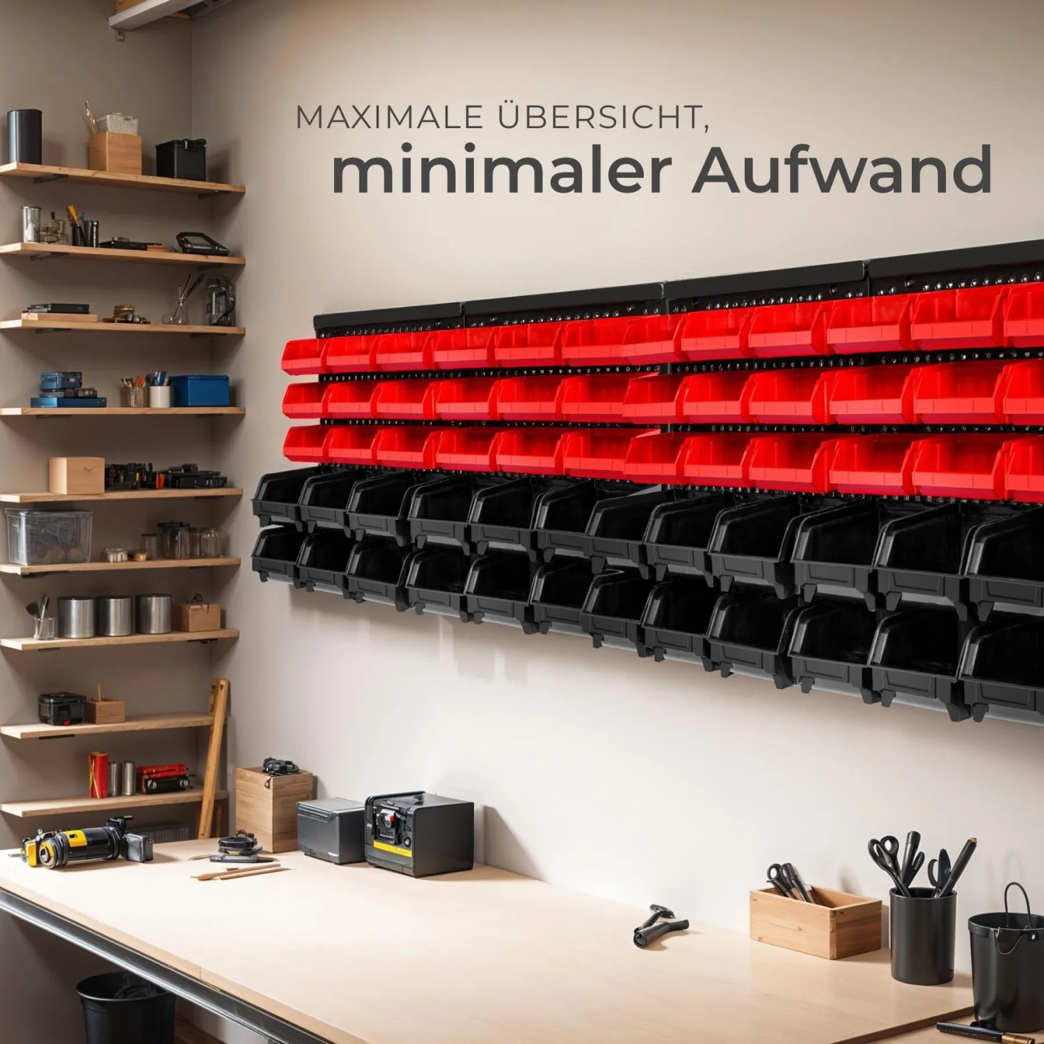 Tectake Wandregal Set mit roten und schwarzen Stapelboxen zur Werkzeugaufbewahrung.