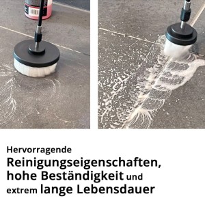 STAHLWERK Bürsten-Aufsatz Set reinigt Fliesen und Fugen. Schwarze Bohrbürste mit weißem Schaum auf dunklem Boden.