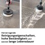 STAHLWERK Bürsten-Aufsatz Set reinigt Fliesen und Fugen. Schwarze Bohrbürste mit weißem Schaum auf dunklem Boden.