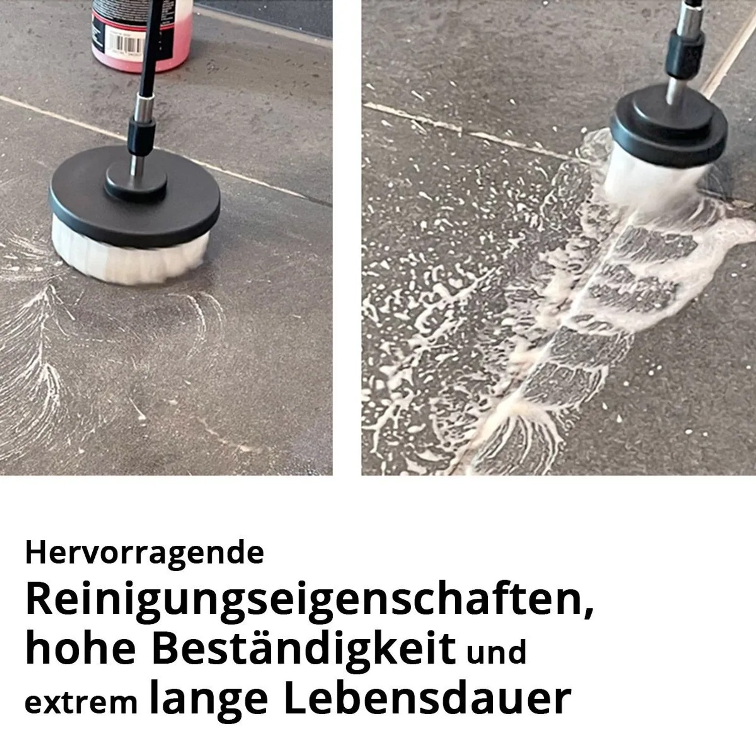 STAHLWERK Bürsten-Aufsatz Set reinigt Fliesen und Fugen. Schwarze Bohrbürste mit weißem Schaum auf dunklem Boden.