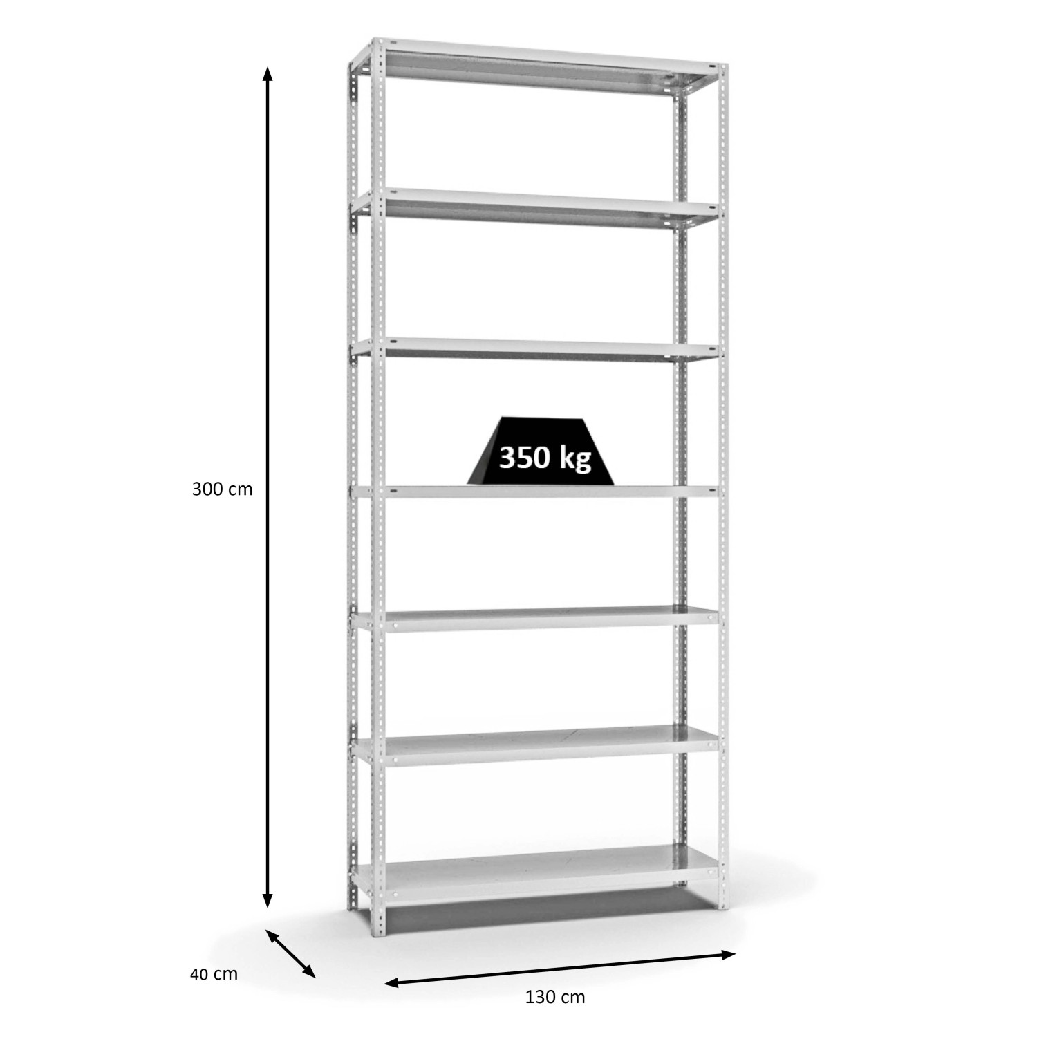 PROREGAL Fachbodenregal, Schraubsystem, lichtgrau, 300x130x40 cm, 7 Ebenen, Fachlast 350 kg.