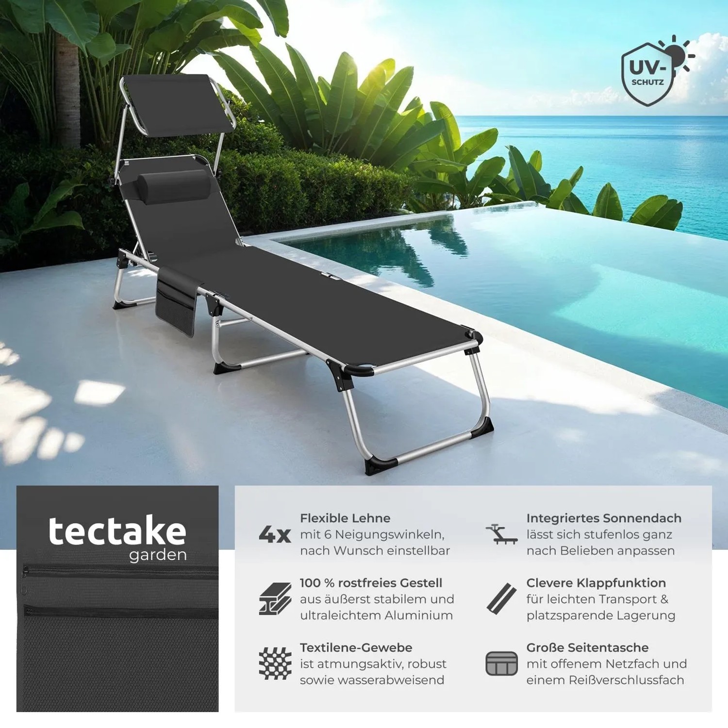 Tectake Aluminium Sonnenliege Aurelie Klappbar  Mit Kopfkissen Wetterfest und Uv Beständig  218 x 60 x 33 50 cm Schwarz_2