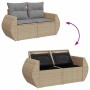 Beige vidaXL Garten-Sofagarnitur aus Rattan mit Kissen, mit und ohne Stauraumfunktion dargestellt.