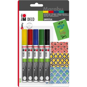 Marabu Deco Painter Acrylmalstifte 5er-Set mit gelbem, rotem, blauem, grünem und schwarzem Stift.