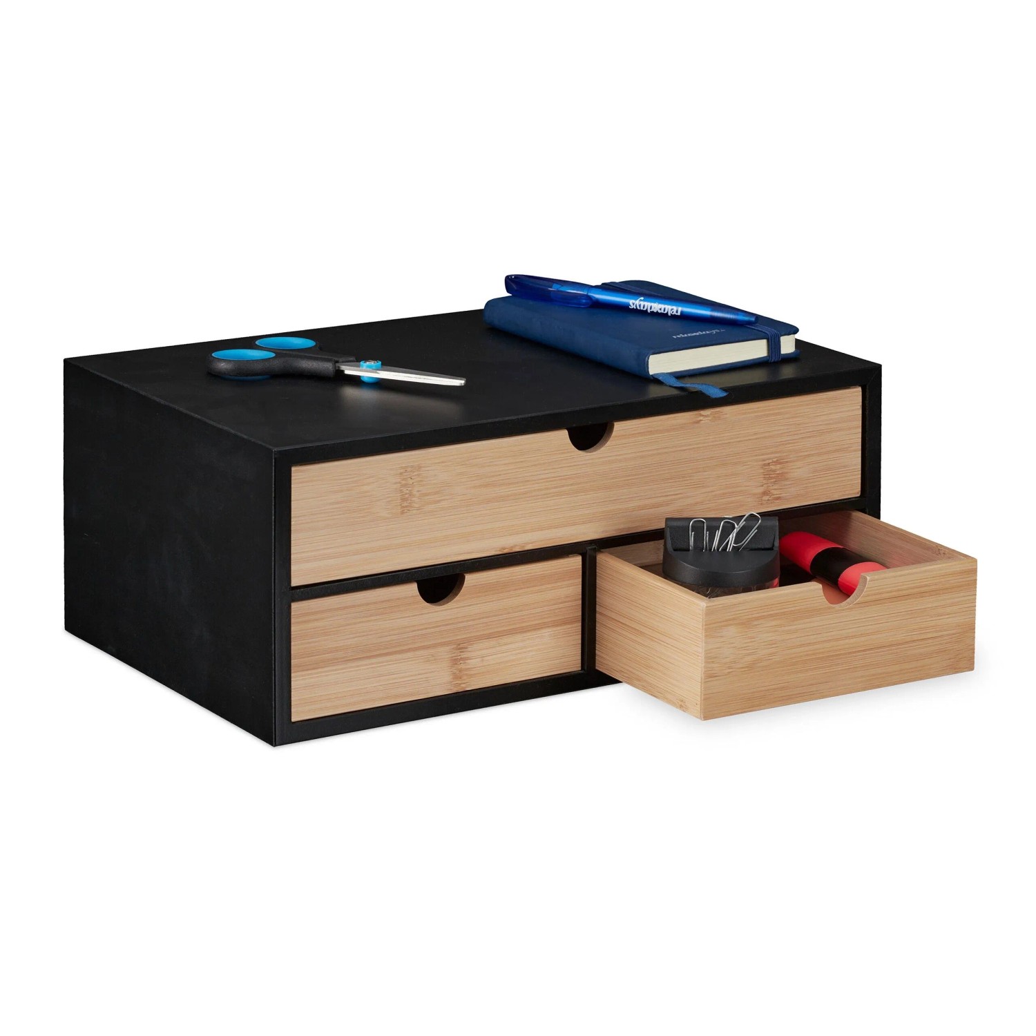 Relaxdays Schreibtisch Organizer Bambus MDF Schwarz mit 3 Schubladen 13,5 cm x 33 cm x 21 cm 2,3 kg