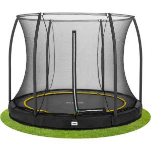 Schwarzes Salta Comfort Edition Bodentrampolin ø 183 cm mit Sicherheitsnetz im Garten.