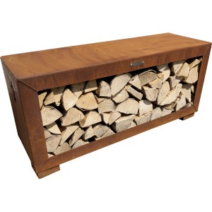 Liegendes Holzlager aus Stahl in Rostoptik, 54x119x39 cm, gefüllt mit Holzscheiten.