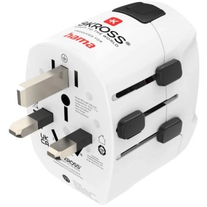 Weißes Hama Weltreiseadapter-Set mit 2 USB-Anschlüssen, 3-polig, für Steckdosenleisten.