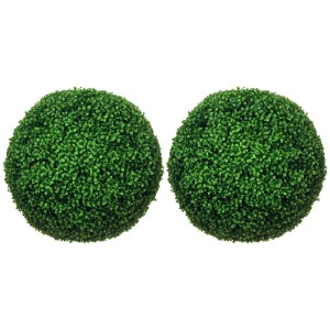 Zwei grüne, runde HOMCOM Kunstpflanzen Buchsbaumkugeln, UV-beständig, Ø50cm, für Innen- & Außenbereich.
