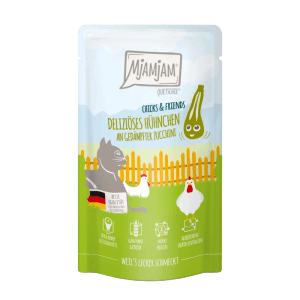 Mjamjam Katzen-Nassfutter Quetschie Hühnchen & Zucchini, 125g Packung.