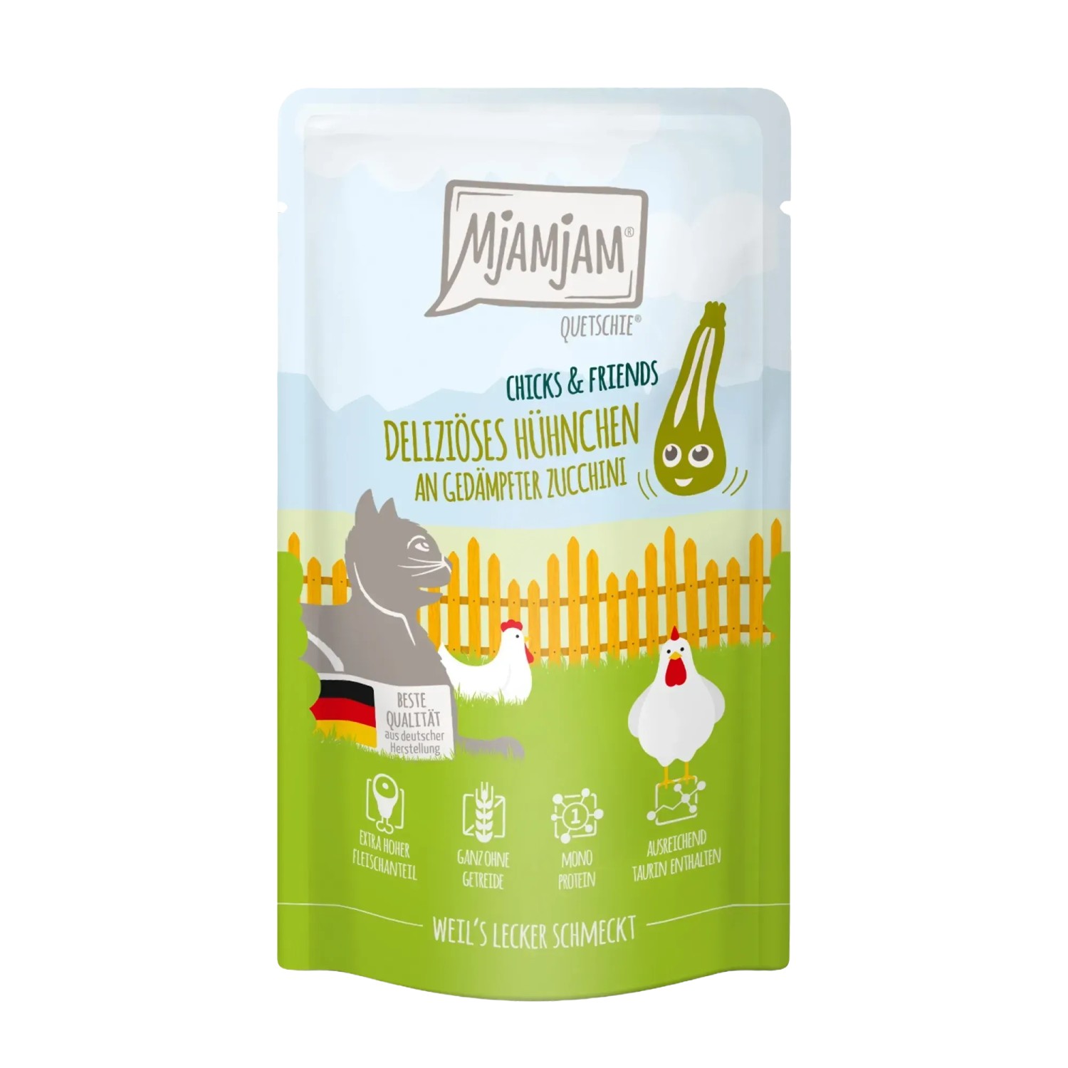 Mjamjam Katzen-Nassfutter Quetschie Chicks & Friends Hühnchen & Zucchini 125 g