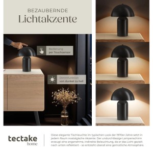 Schwarze Tectake Akku Tischlampe Kade im Retro Pilzdesign mit 3 Helligkeitsstufen und Touchsensor für indirektes Licht.