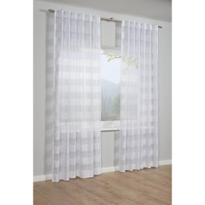 Weißer Bennetti Schal mit Blockstreifen, transparent, 140x245 cm, als Fenstervorhang.