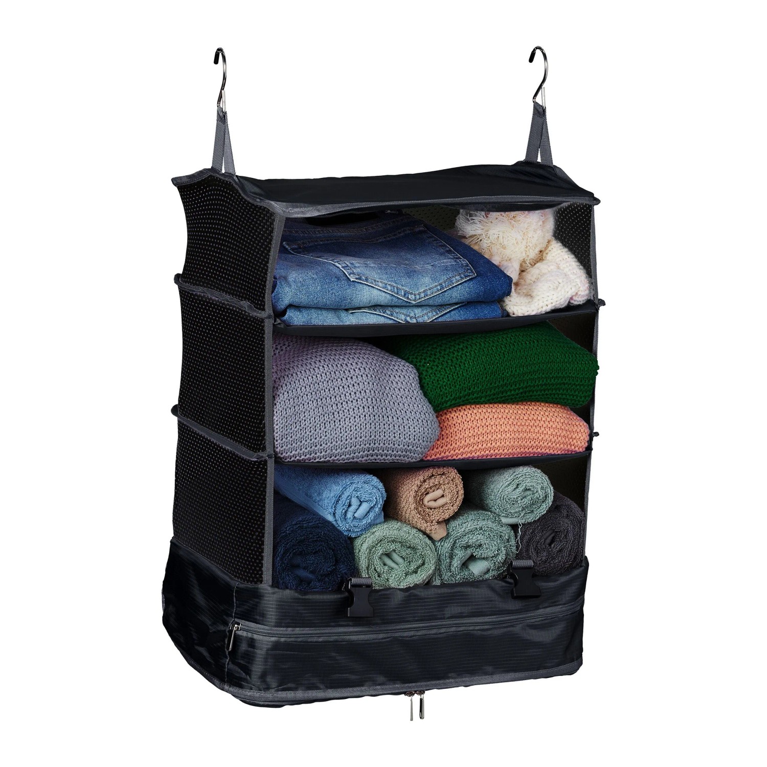 Relaxdays Gepäck-Organizer zum Hängen 4 Fächer Polyester Schwarz Faltbar 55 cm x 44 cm x 30 cm 0,8 kg