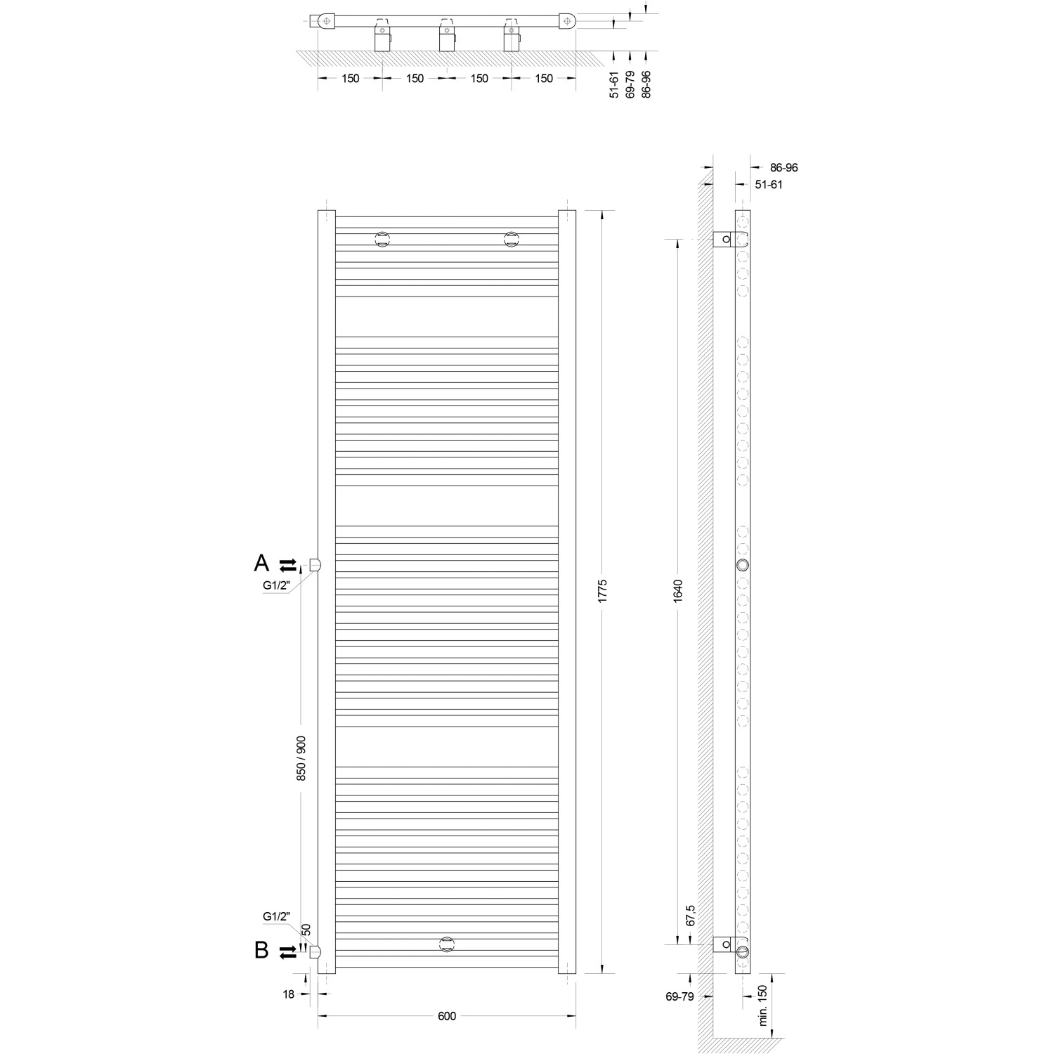Technische Zeichnung: Schulte ExpressPlus Design-Heizkörper München Spezial mit Maßangaben.