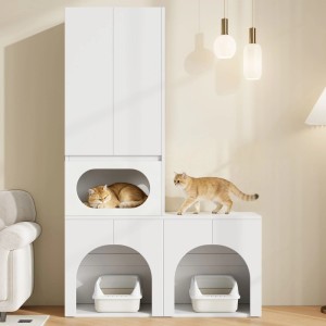 Weißer Katzentoilettenschrank mit integriertem Katzenbett, zwei Toilettenbereichen und Stauraum. Zwei Katzen nutzen das Möbel.