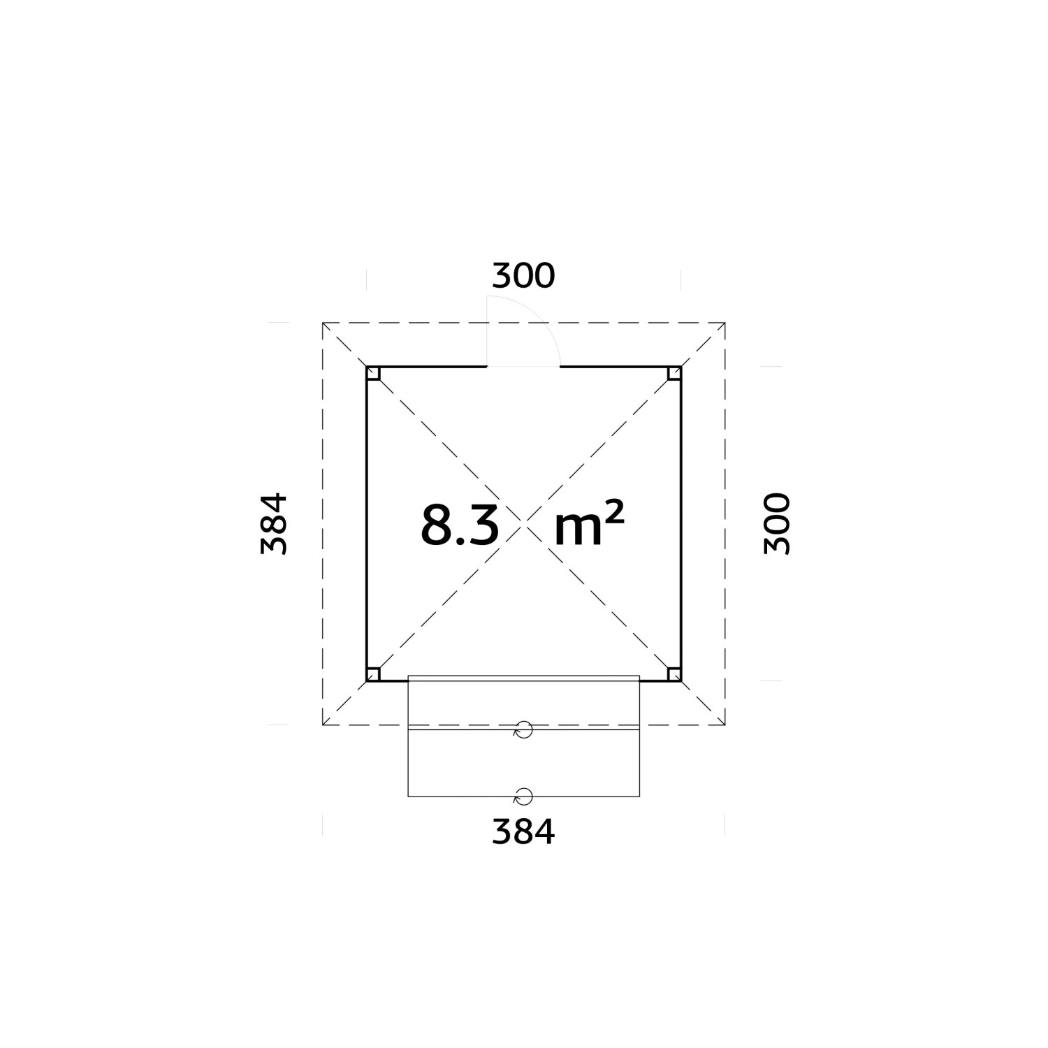 Grundriss Palmako Marktstand Bianca Set 104, 300x300 cm, weiß lackiert, 8,3 m² Fläche.