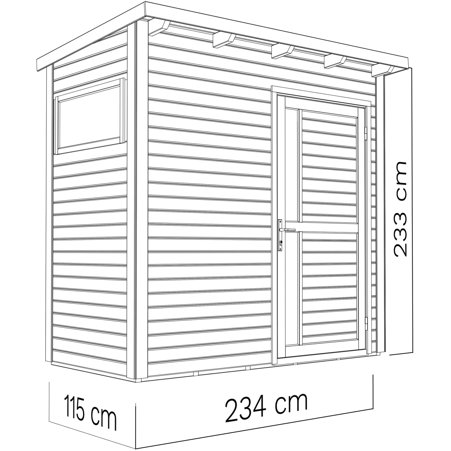 Graues Bertilo Gartenhaus Pentus 1 aus Holz, 115x234 cm, mit Tür und Fenster. Ideal als Gerätehaus.