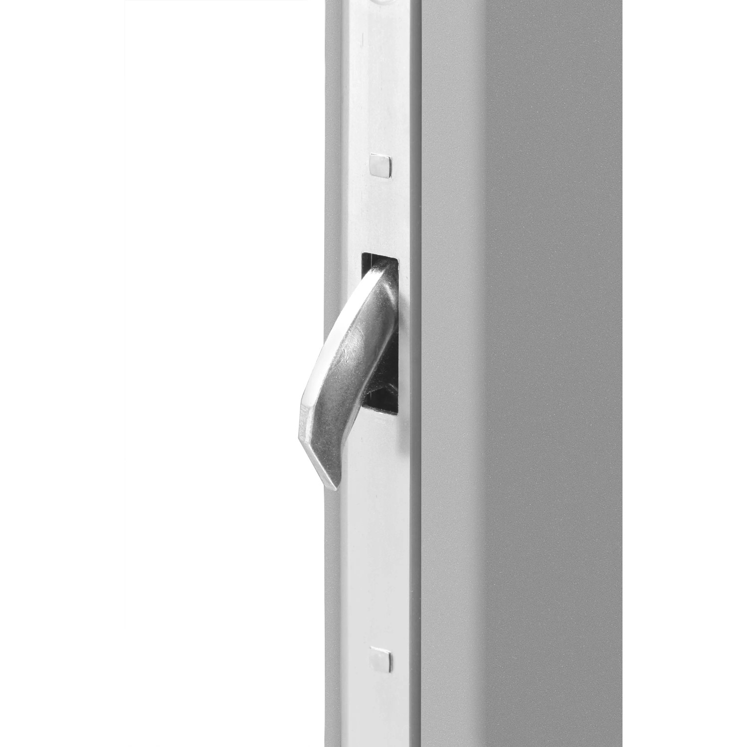 Detailaufnahme: Graue Haustür ThermoSpace Prime Palermo mit silbernem Schwenkriegel.