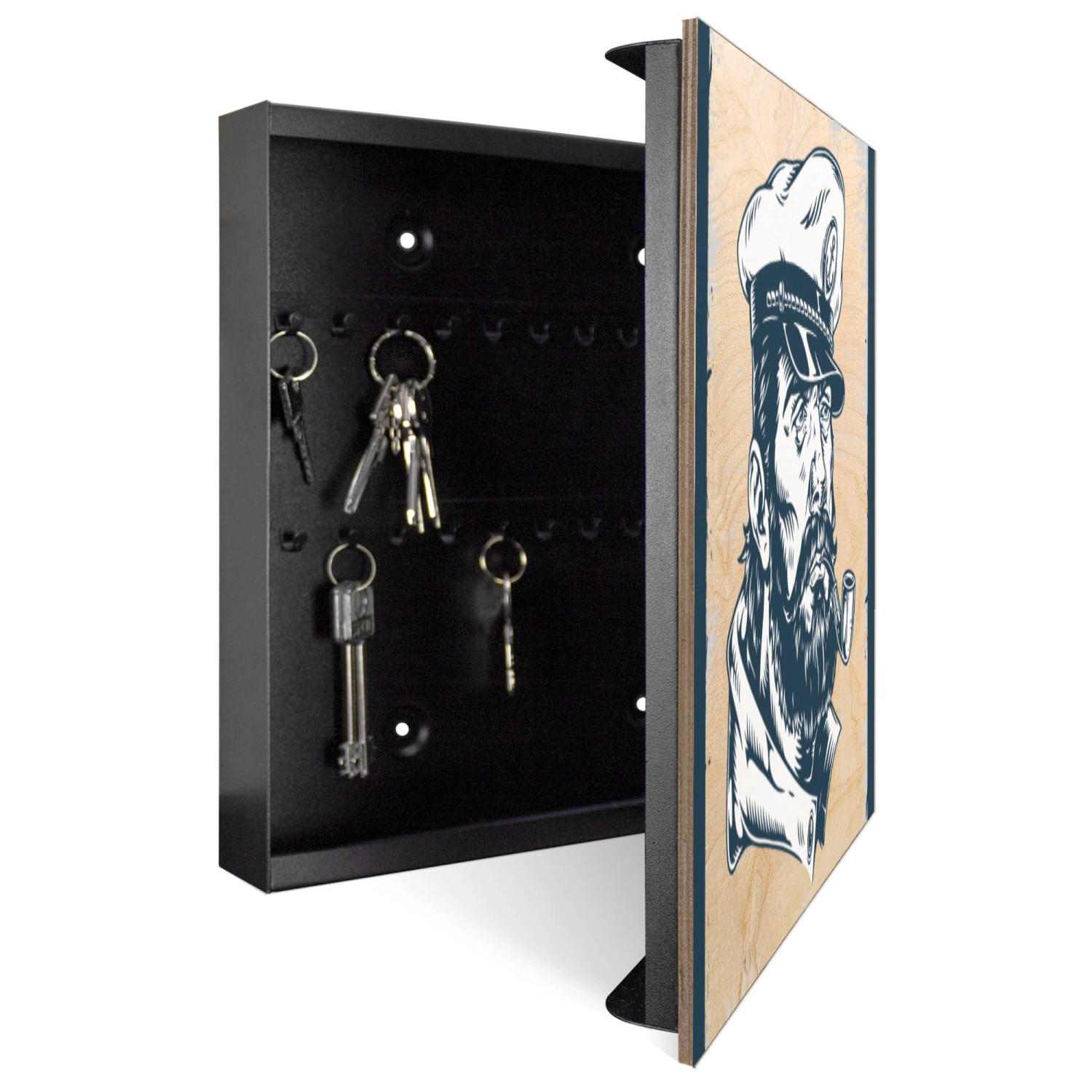 Offener, schwarzer Banjado Schlüsselkasten aus Holz (30x30cm) mit Kapitän Portrait und 50 Haken.