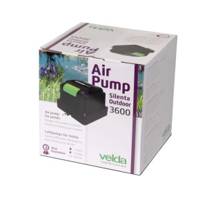 Velda Silenta Outdoor 3600 Teichbelüftungset: Schwarze Luftpumpe mit grünem Akzent auf der Produktverpackung, für Teiche bis 15000 Liter.
