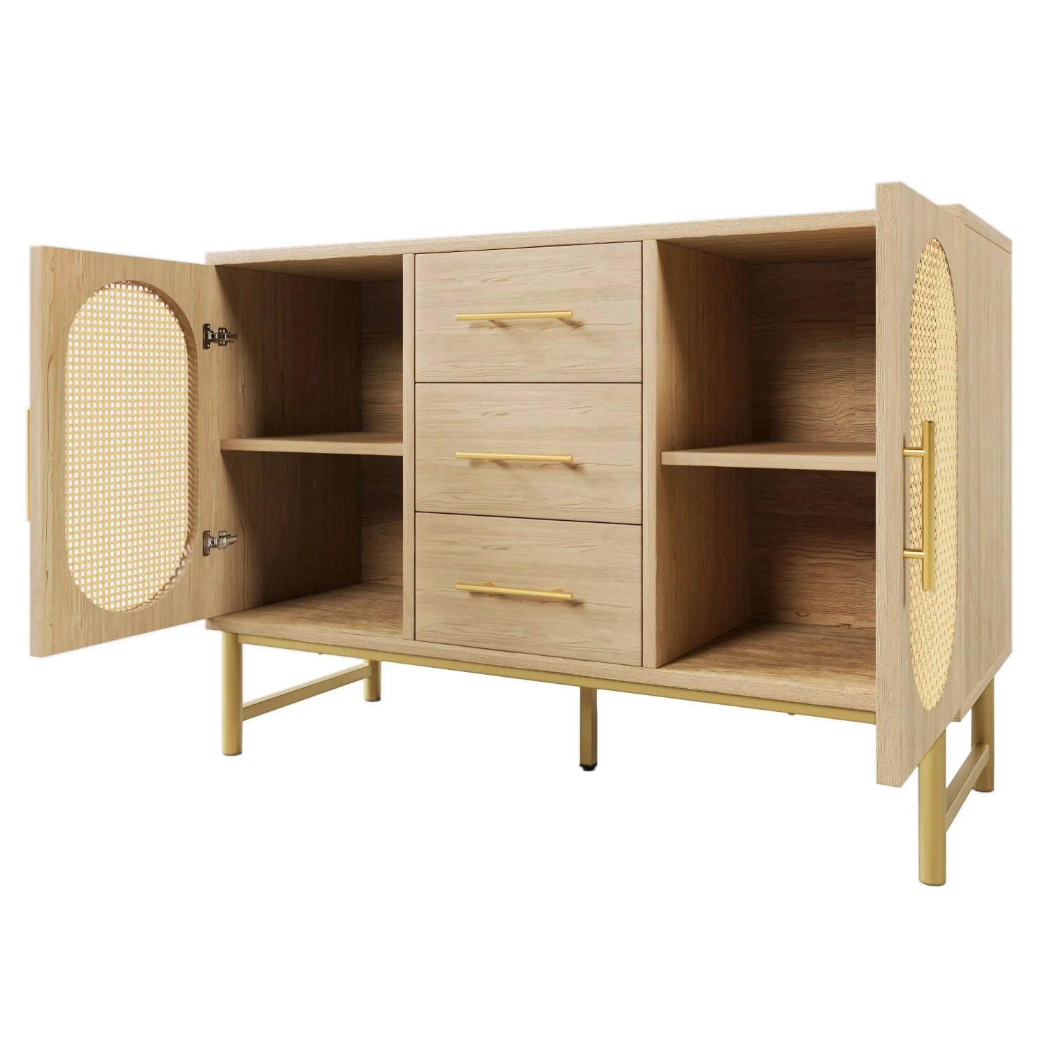 okwish Kommode mit Rattan Türen 3 Schubladen Wohnraum 120x40x74cm Natur