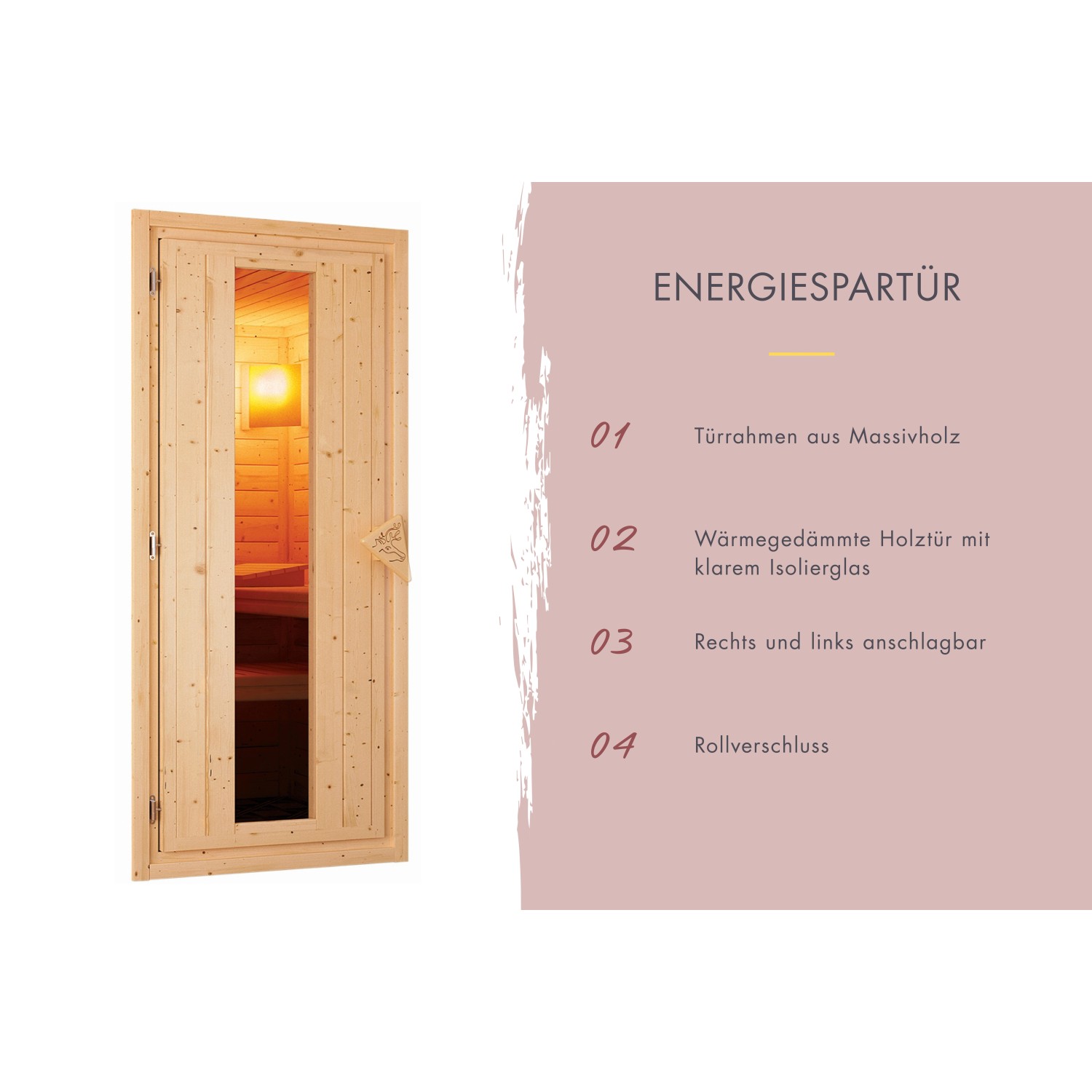 Karibu Saunahaus Arvi 3: Detailansicht der Tür mit Glasfenster und Hinweisen zur Türkonstruktion.