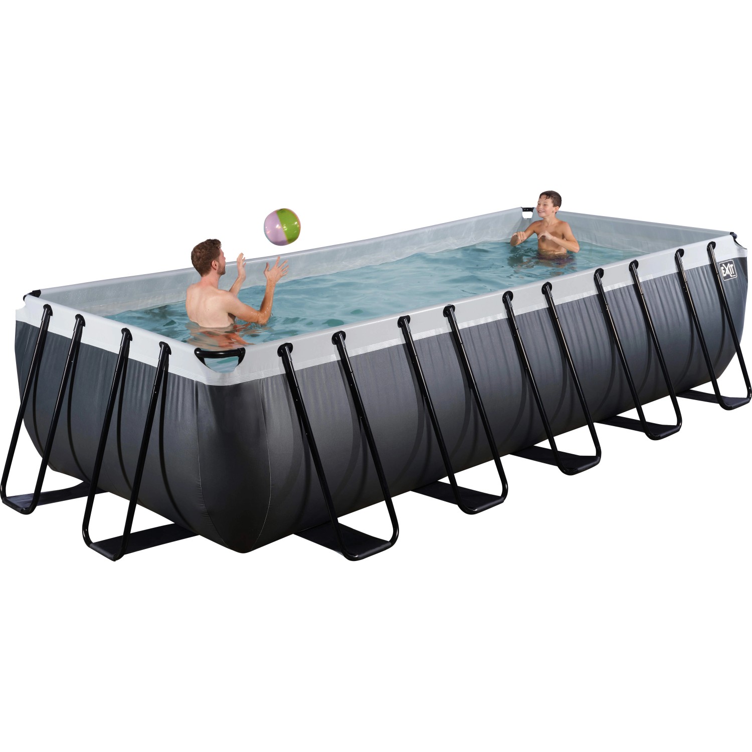 Rechteckiger Exit Black Leather Pool 540x250x122 cm mit Stahlrahmen, Filterpumpe und zwei Personen im Wasser.