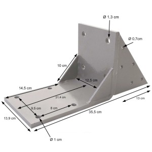 Weißer Dachsparrenadapter aus Stahl für Markisen, mit Maßen und Bohrlöchern. Stabile Halterung für Sonnenschutz.