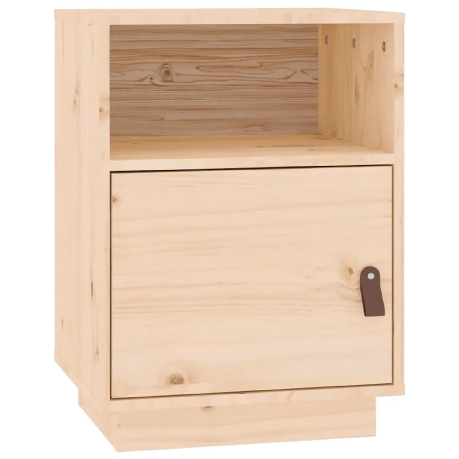 Nachttisch aus hellem Massivholz Kiefer, offenem Fach und Tür mit braunem Kunstledergriff. Schlafzimmermöbel.