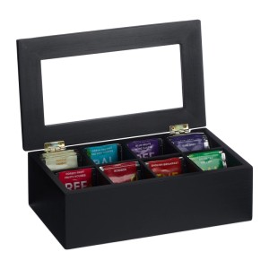 Relaxdays Teebeutelbox Bambus Schwarz Mit 8 Fächern Staubgeschützt 9 cm x 28 cm x 16 cm 0,9 kg