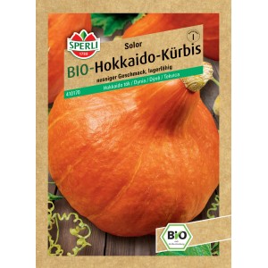 Samenpackung Sperli BIO Hokkaido Solor, F1 Kürbis mit orangefarbenem Kürbis auf der Vorderseite.