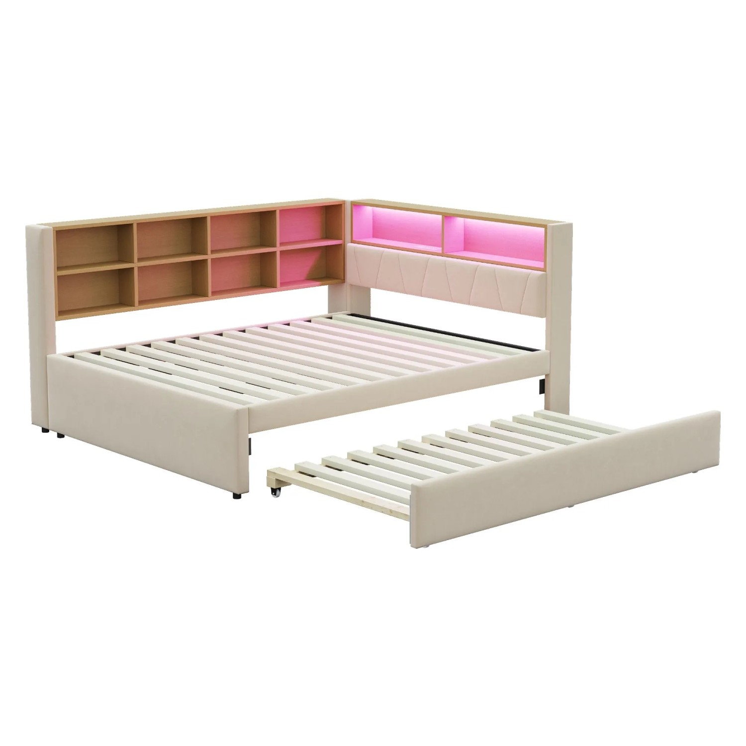Merax Schlafsofa 140x200cm LED USB Ausziehbett Flanell Beige