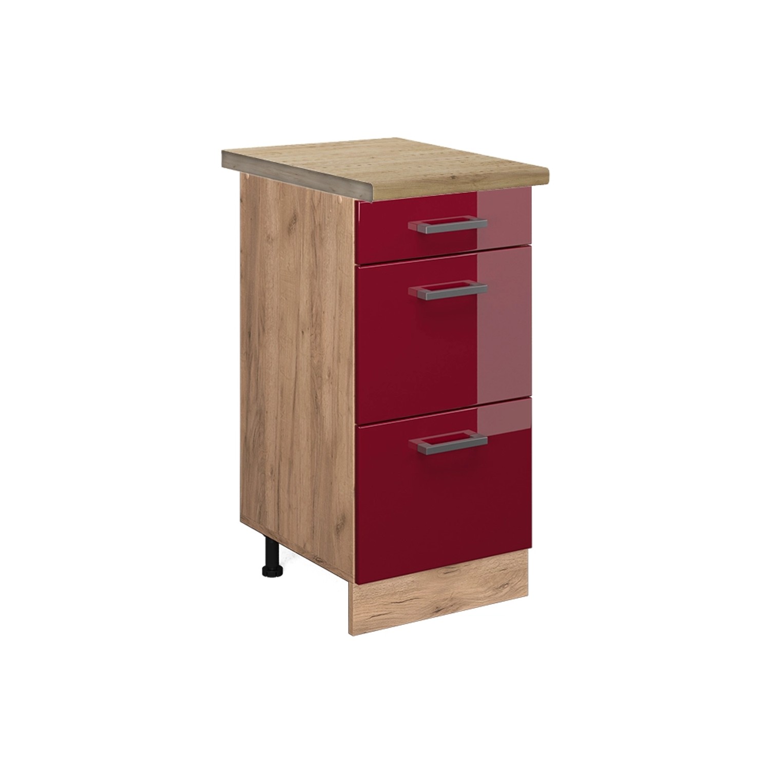 Vicco Küchenunterschrank R-Line Bordeaux Hochglanz/Goldkraft Eiche 40 cm mit Schubladen AP Eiche