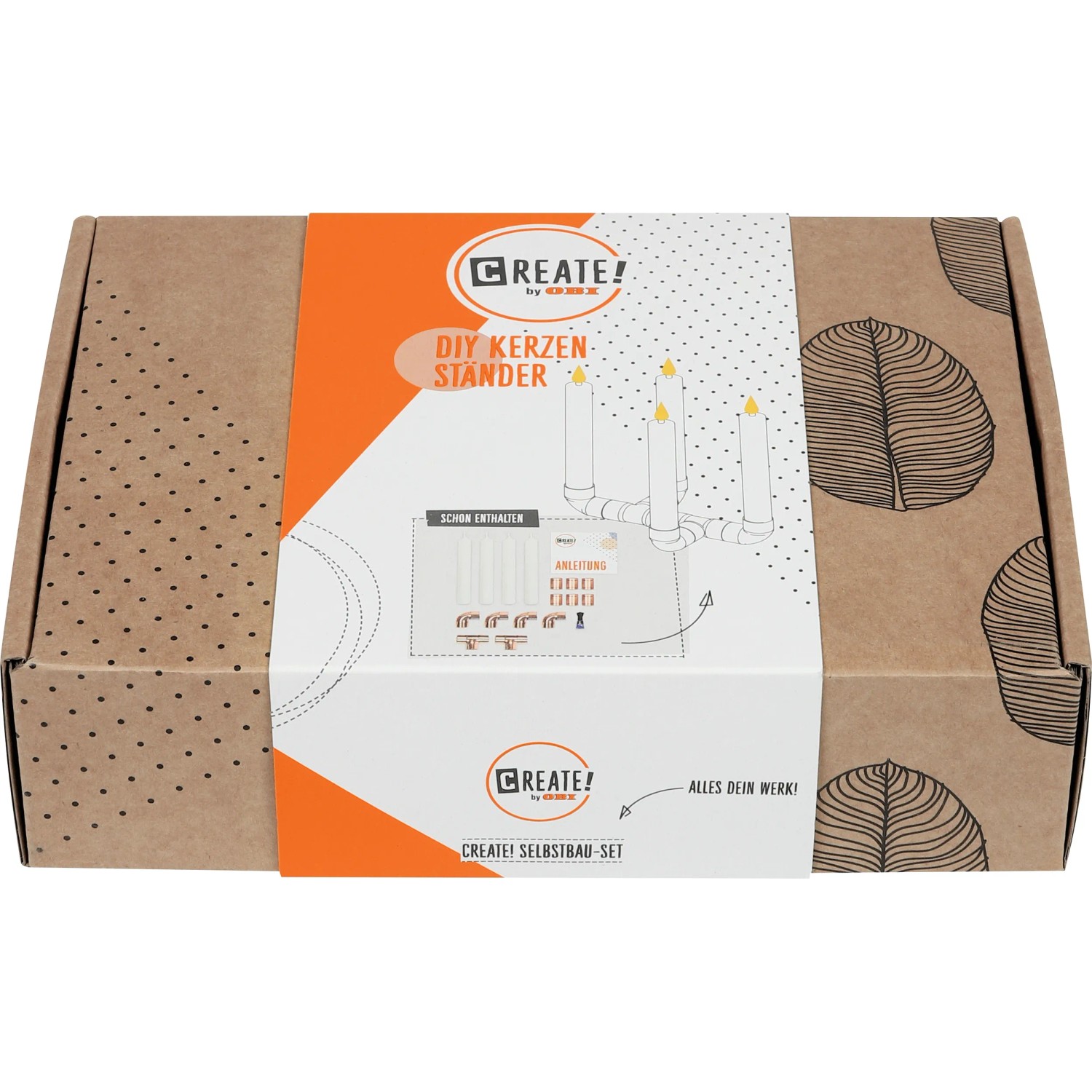 CREATE! by OBI DIY Kerzenständer Set in brauner Verpackung mit Inhaltsangabe.