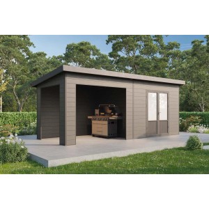 Modernes, anthrazitfarbenes Finnhaus Wolff WPC Gerätehaus Tona 6024 mit Grillplatz und Doppeltür.